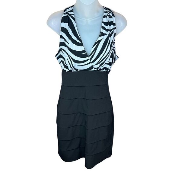 Sweet Storm Halter Dress V Neck Black Grey Zebra Layered Zipper Racer Back Large - Picture 1 of 16